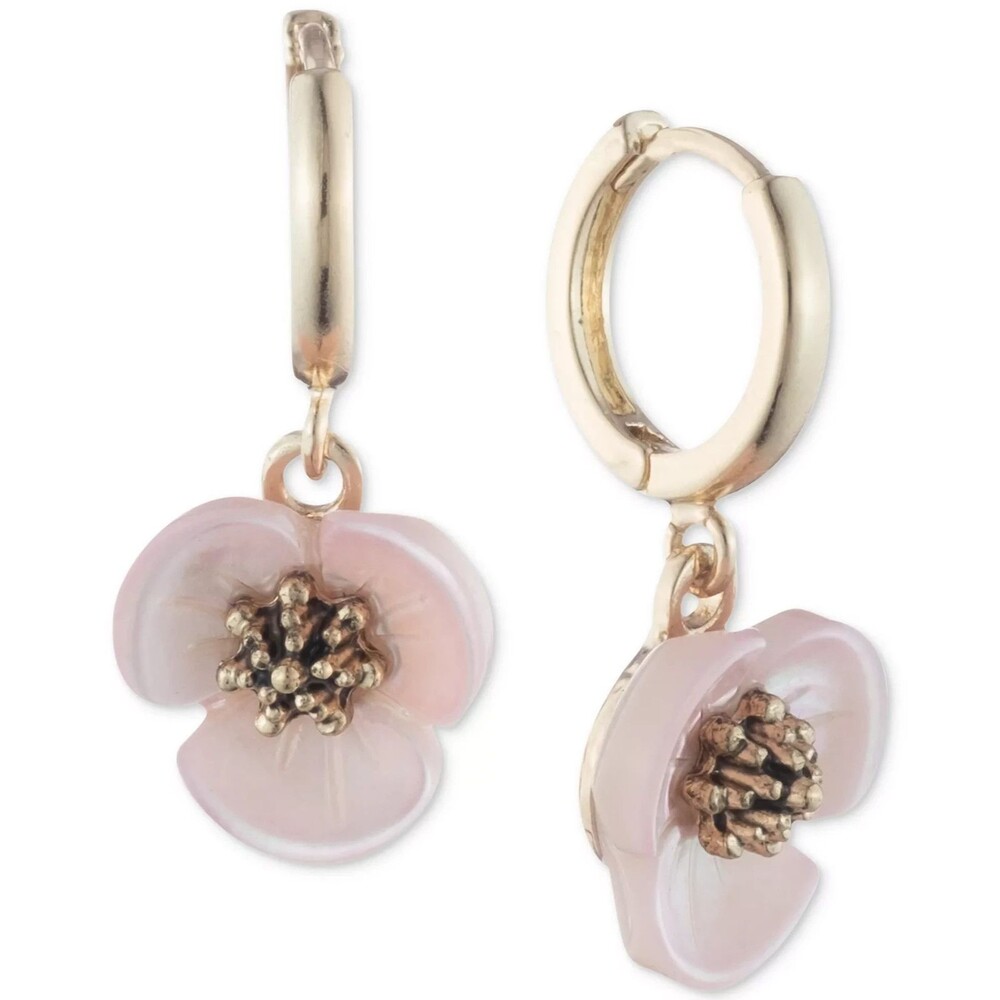 Lonna & Lilly Gold Tone Pink Mother of Pearl Flower Drop Hoop Earrings